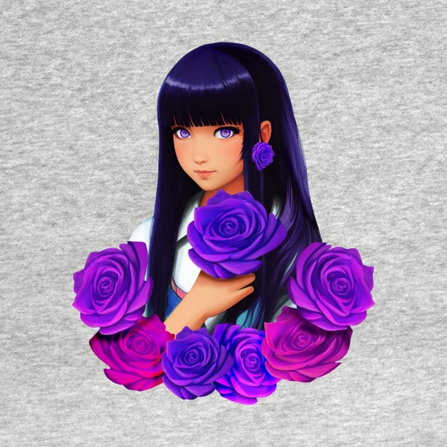 Anime Girl with Purple Eyes and Roses by BluedarkArt